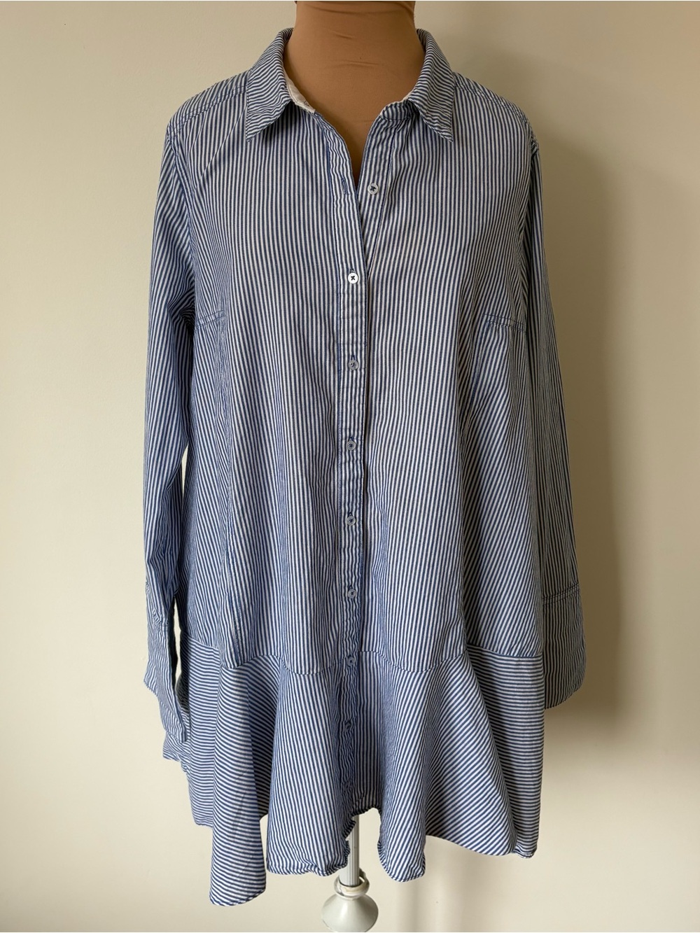 FREE PEOPLE All For You Blue Striped Cotton Button Down Mini Shirt Dress Size S - Picture 2 of 12